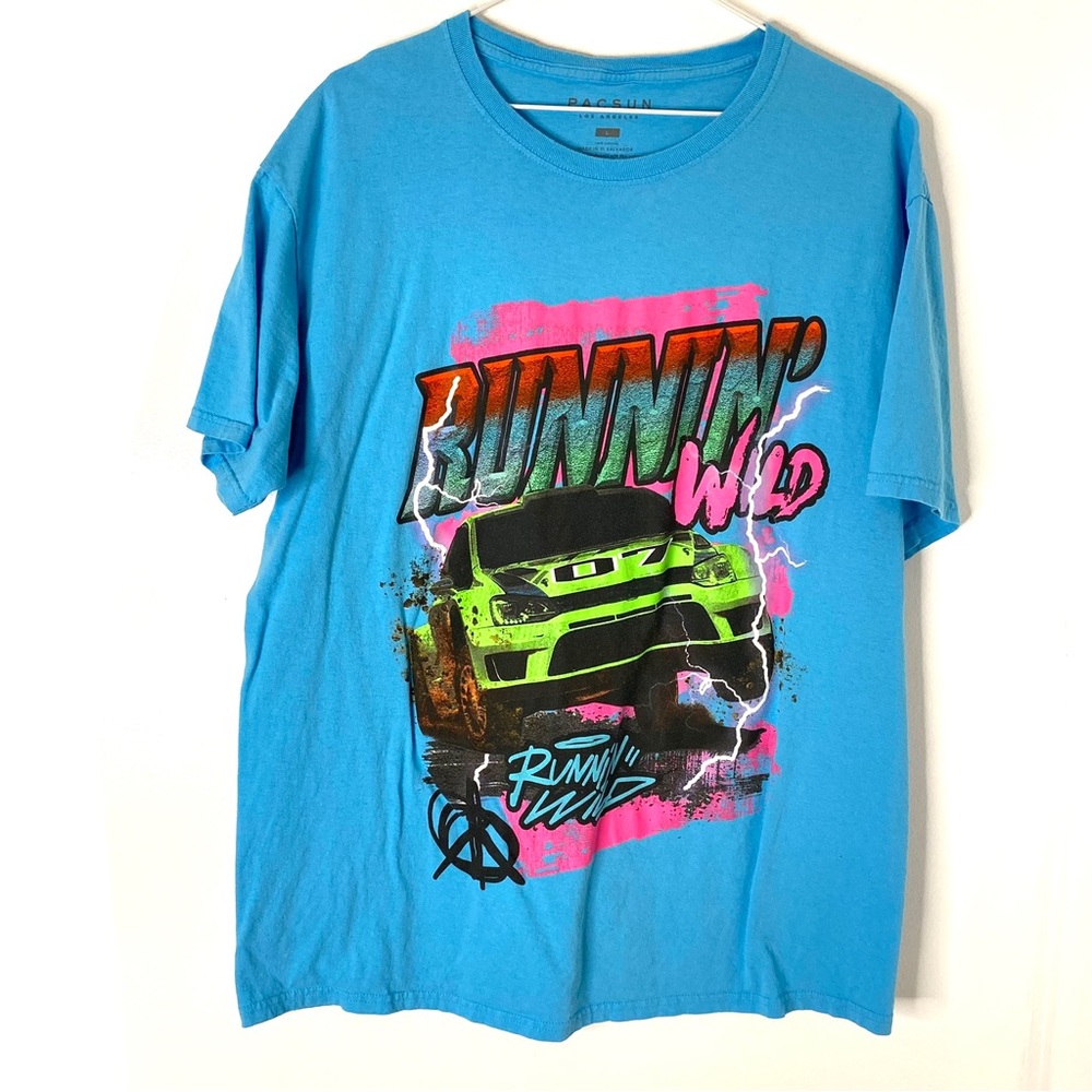 PacSun Blue Pink Green Runnin’ Wild Crew Neck Car Graphic Tee